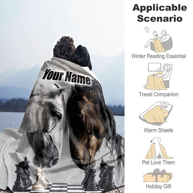 1PC Custom Name Horses Chess Game Flannel Blankets Patterns Throw Blanket All-Season Soft Gift for Couch, Bed, Camping Gifts