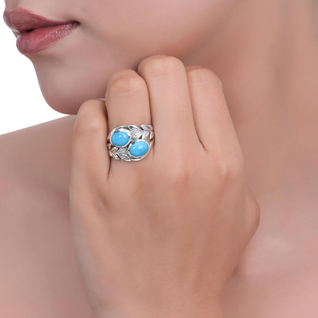 Sterling Silver Turquoise Leaf Ring – Natural Gemstone, Handmade Boho Jewelry for Women, Ring Christmas gift for Her