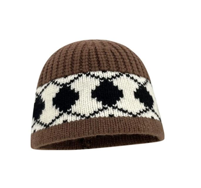 Vintage Wool Knit Cap For Women In Geometric Design Winter Cold Protection коричневый