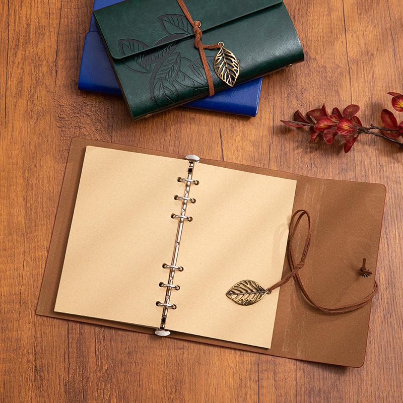 Retro A6 Leather Cover Notebook: Japanese Korean Style Planner & Travel Diary with Leaf Design and Strap.