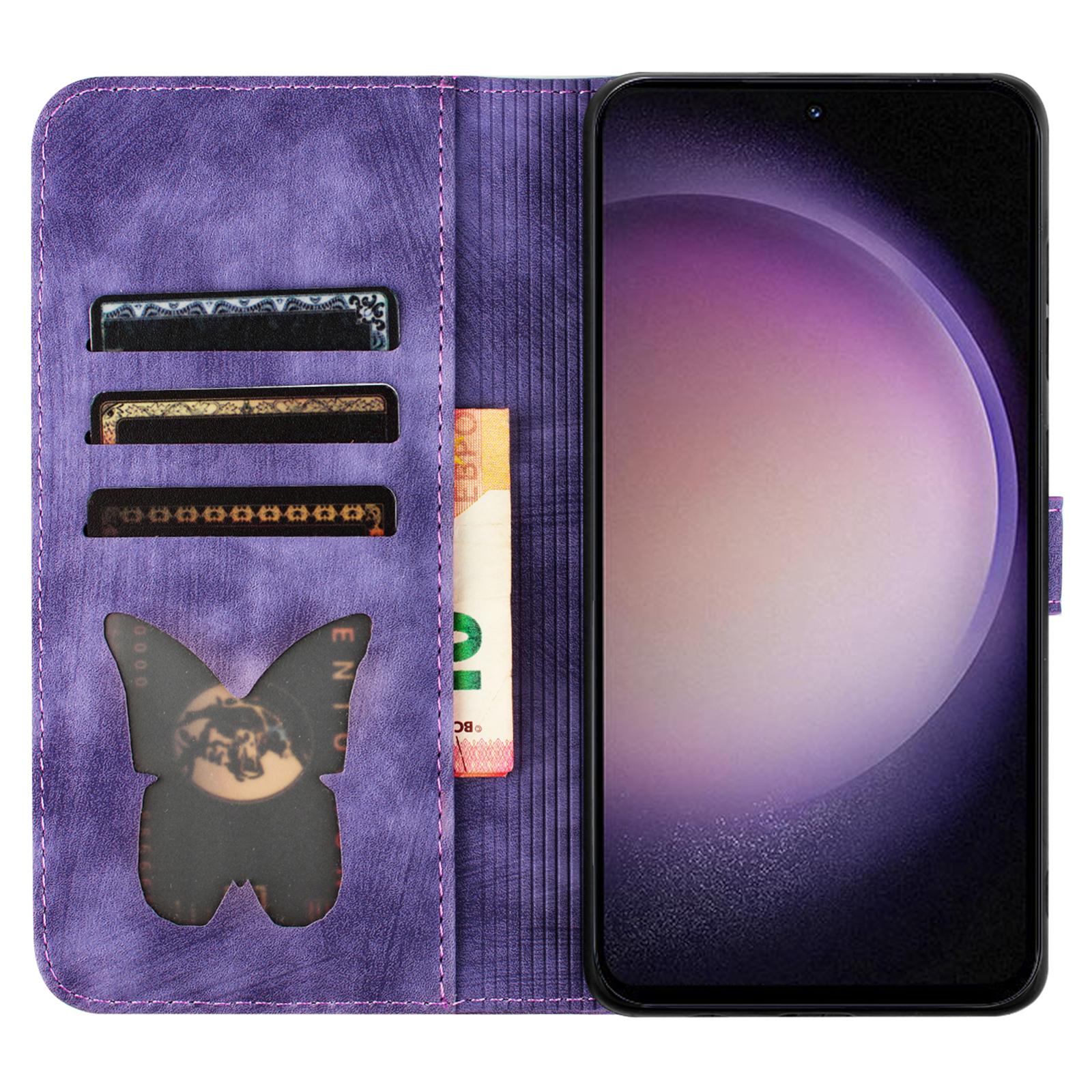 

For Samsung Galaxy S25/S24 Case Leather Butterfly Cat Pattern Phone Cover with Stand Magnetic Clasp Purple