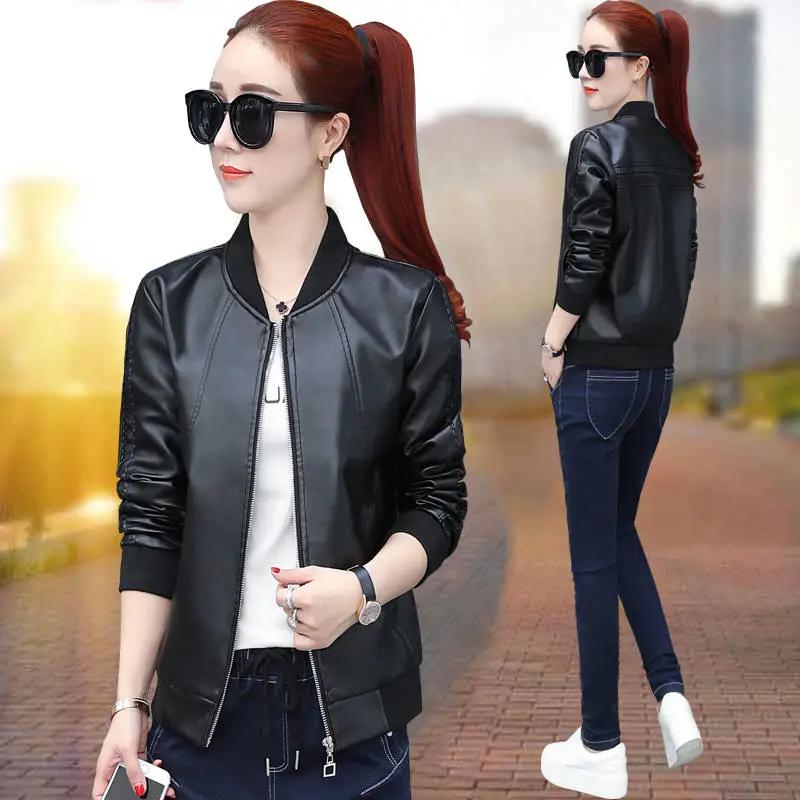 Women's Spring/Fall Loose-Fit Stand Collar Short Jacket Baseball-Style PU Leather Jacket