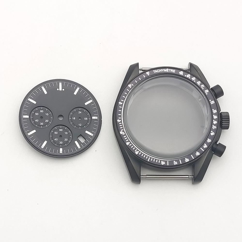 40MM assembled watch case + dial + needle matte black VK63 case, three-eye stainless steel quartz case