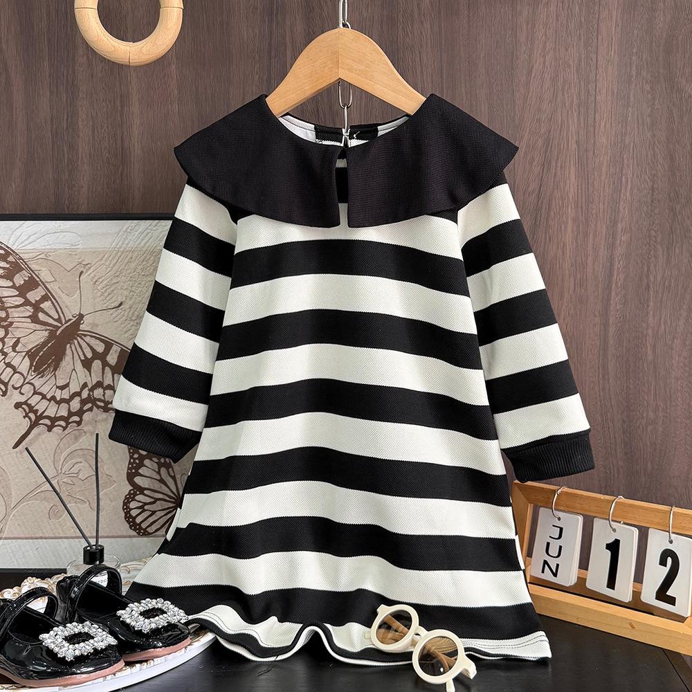

Toddler Girls Black & White Striped Long-Sleeve Sweatshirt Dress with Big Lapel - Spring/Autumn 2025 Fashion 7Y/140 чорний