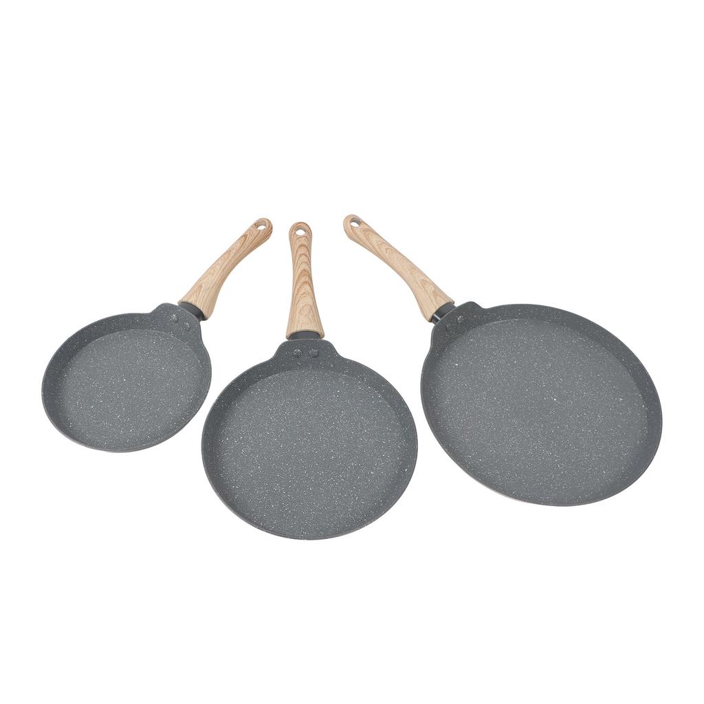 3PCS Frying Pan Set Grey 3 Sizes Multifunctional Maifan Stone Anti Stick with Wooden Handle Pancake 