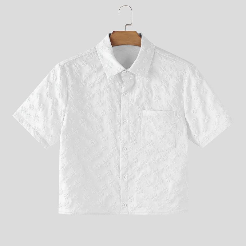 

INCERUN Oversized Men Lapel Short Sleeve Texture Flowers Casual Cropped Shirts 5XL белый