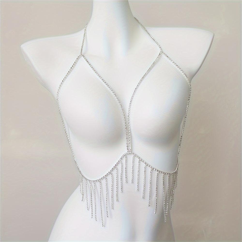 

European And American Rhinestone Body Chain Sexy Neck Fringed Chest Chain Beach Bikini Body Chain срібний