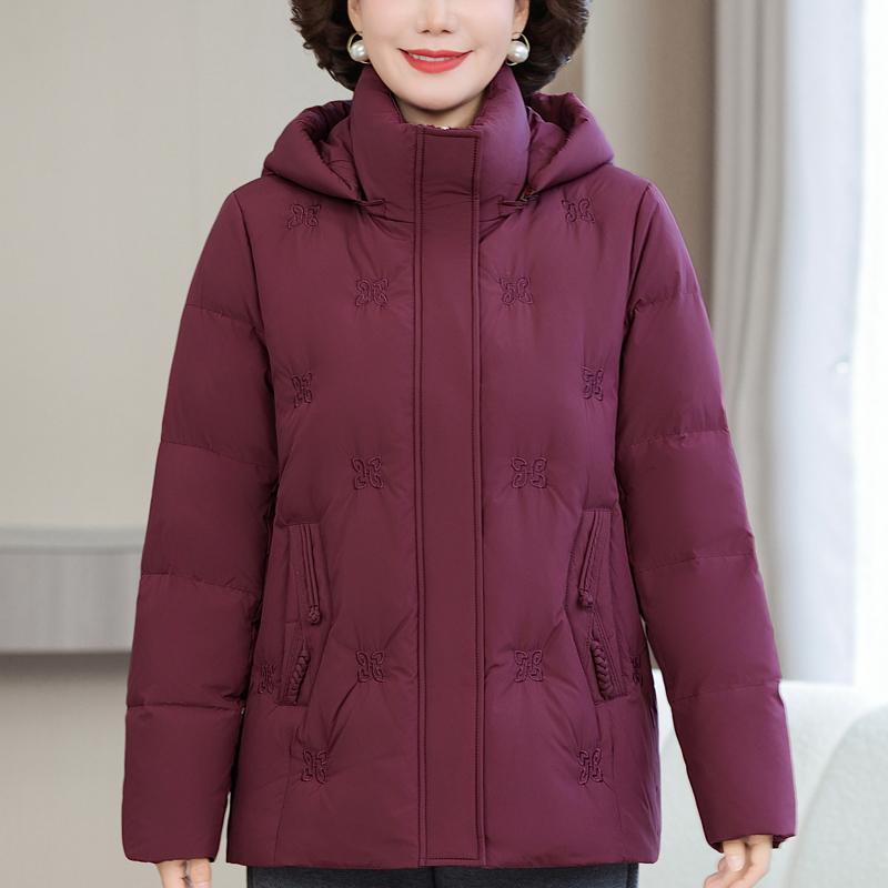 

Женская короткая пуховая куртка больших размеров XL-6XL для женщин среднего возраста, зимняя верхняя одежда с капюшоном, элегантная вышивка, толстые теплые пуховики 6XL фуксия