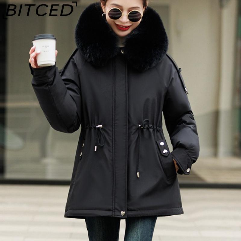 

BITCED Fleece-Lined Thickened Down-Filled Cotton Coat for Women - Short Style Autumn/Winter Waist-Defining Design with Large Fur Collar M чёрный