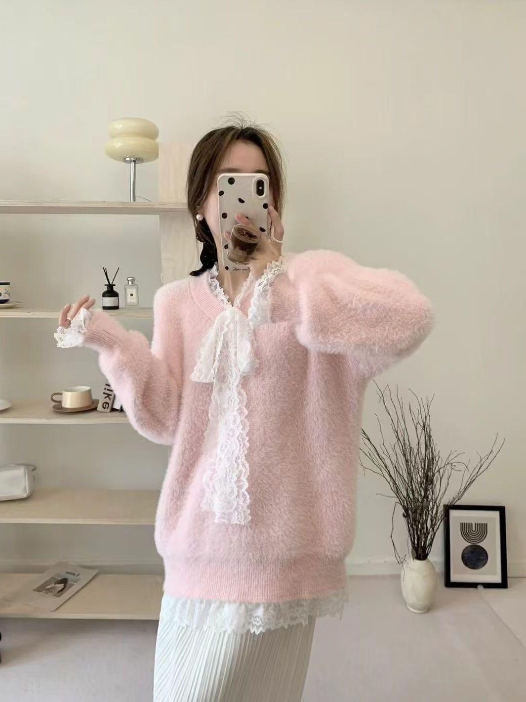 V-Neck Lace Patchwork Knitted Faux Mink Sweater - Women s Loose AutumnWinter Lazy Style Trend One size 80-135 cm bust 2629₽