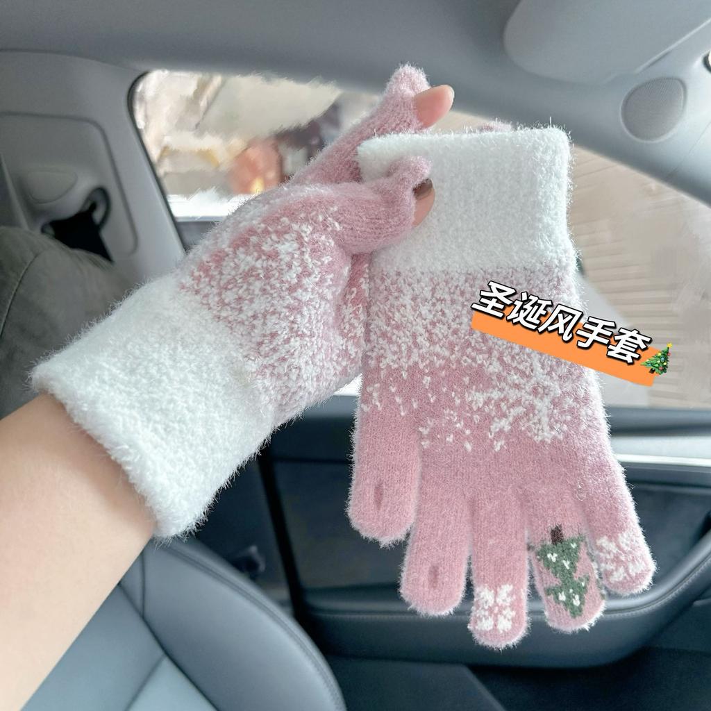Gloves cute female Christmas dew finger winter festival touch screen thickened warm knitted plush cold and windproof cycling man