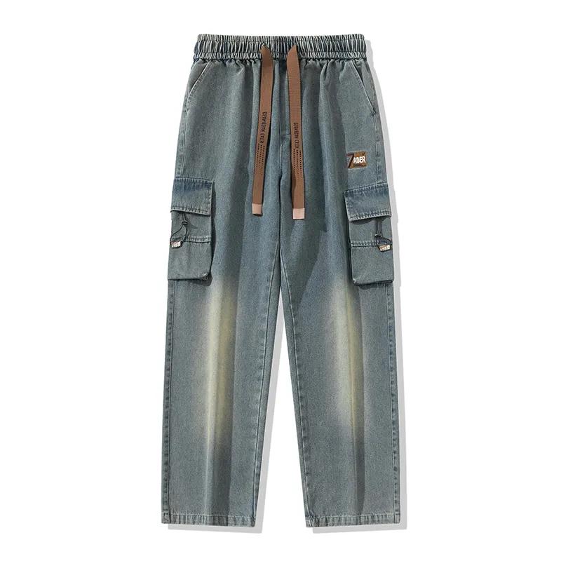 Frühling Herbst Herren Cargo Jeans String Banding Wide Leg Denim Hose Straight Baggy Jean Hose