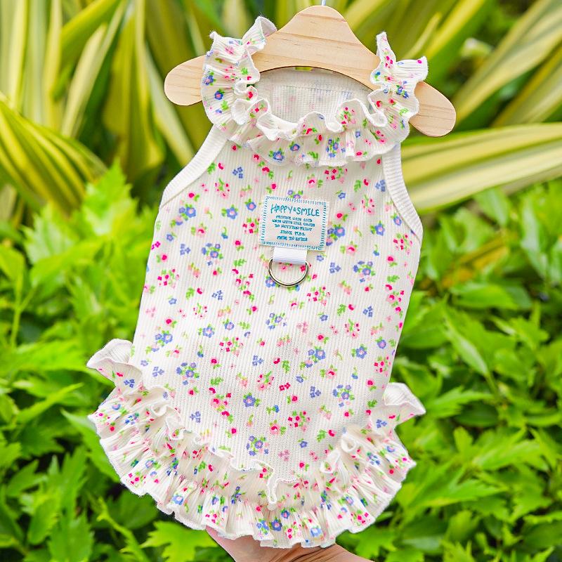 Sommer Haustier Hund und Katze Bekleidungszubehör, florales Prinzessinnenkleid, dünner Stil mit transparenten und gerollten Kanten