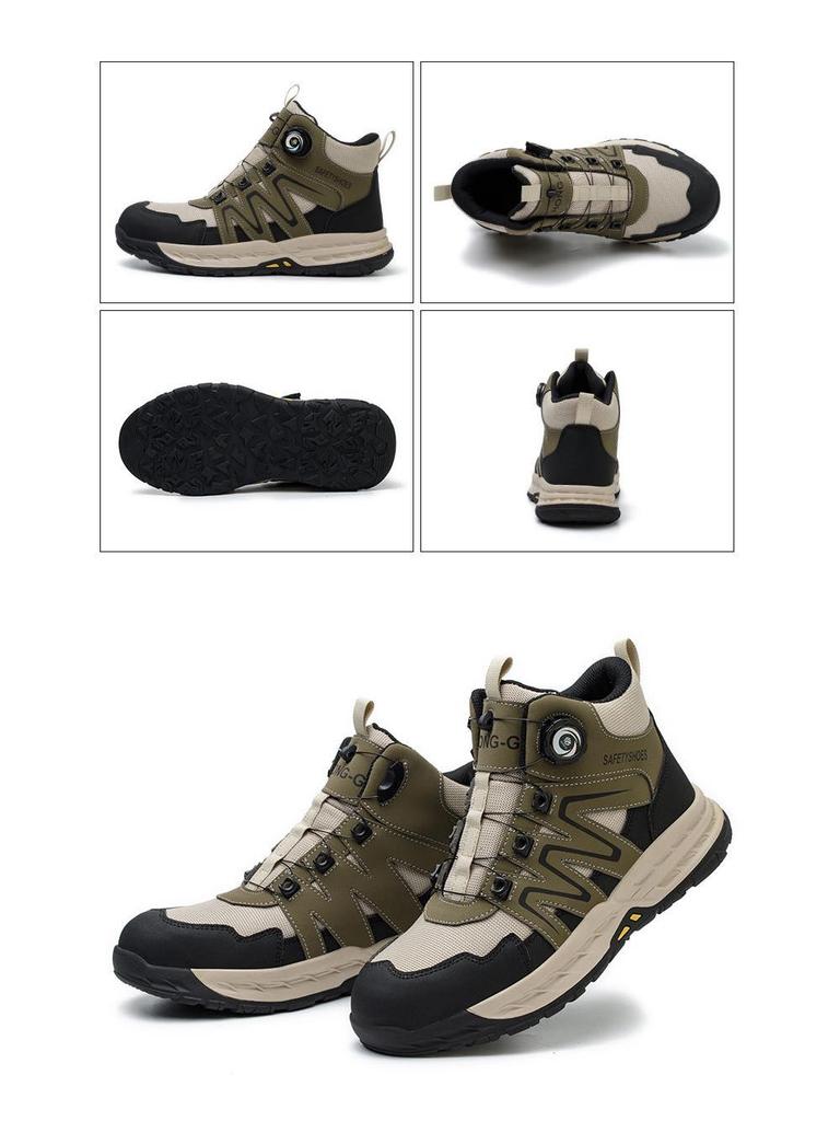 High-Top Safety Shoes with Rotating Button, Anti-Smash, Anti-Puncture, Wear-Resistant, No-Tie Laces
