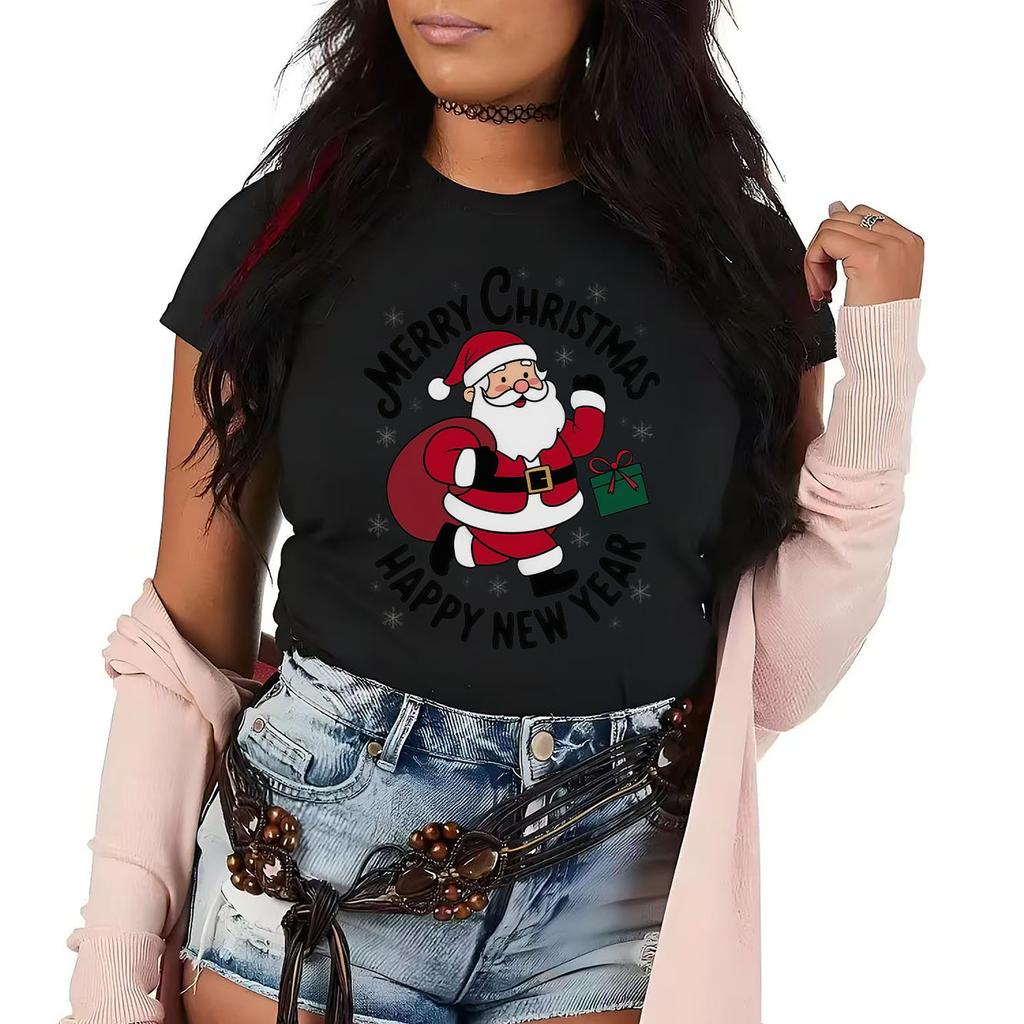 Merry Christmas  Santa Claus print pattern Tshirt  short sleeved round neck versatile Womens Tshirt