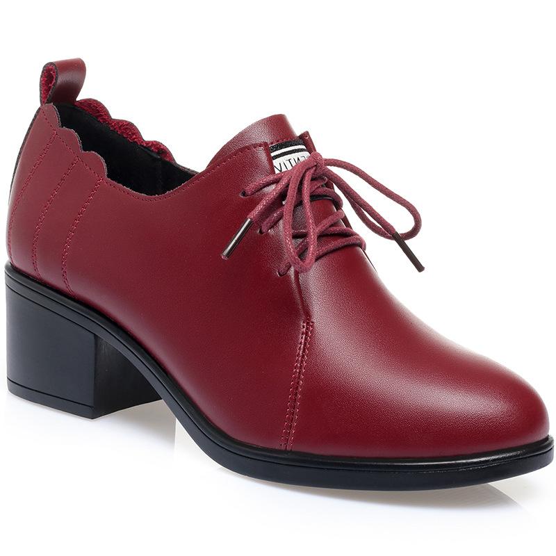 Fashion Spring Autumn Deep Mouth New Fashion Casual Women's Solid  Lace Up Round Toe Chunky Heel Soft Leather Bottom  Single Shoes