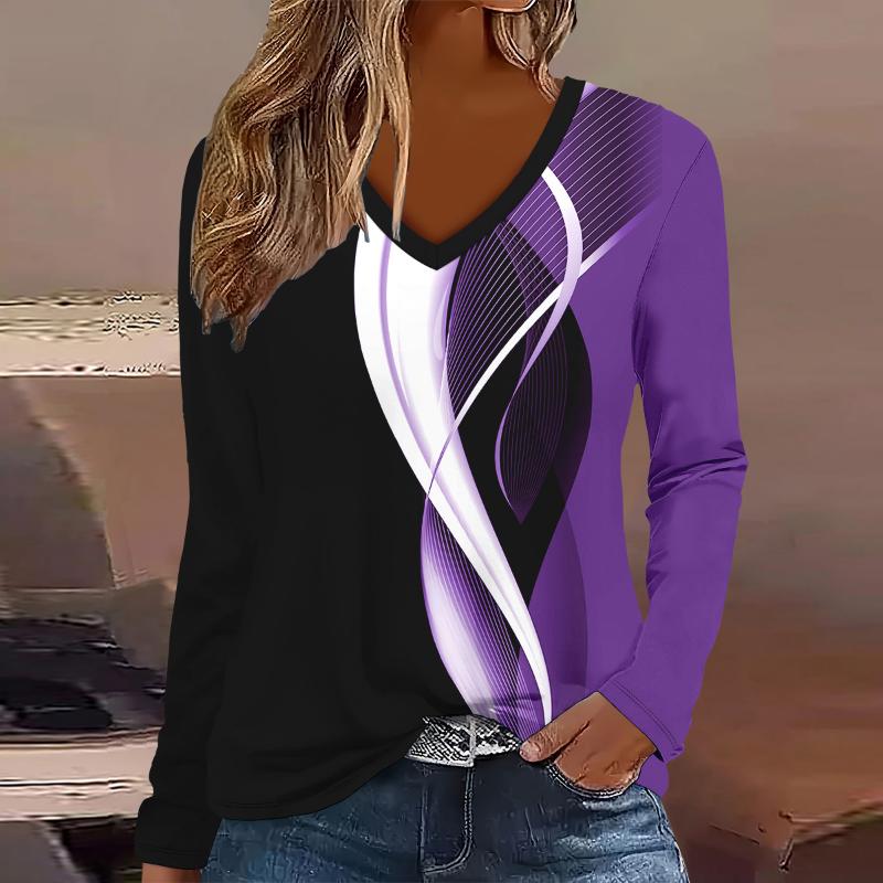 Übergröße Europäische und Amerikanische Mode 2025 Damen Elegantes V-Ausschnitt Langarm T-Shirt