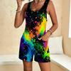Women Plus Size Scoop Neck Sleeveless Colorful Ink Splatter Printed Loose Romper With Pockets