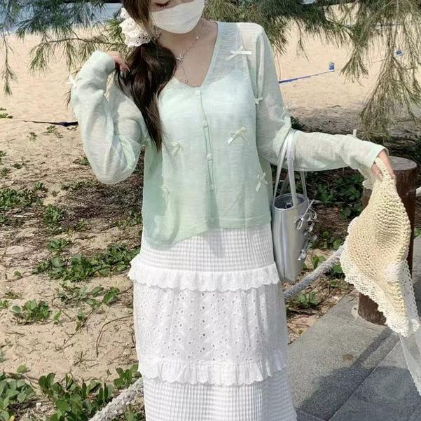 Summer Ice Silk Sun Protection Knit Cardigan Slimming Versatile Bow Thin Shawl Cover Up Spring Women Wear