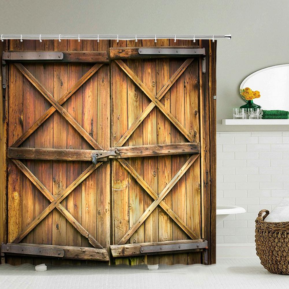 

Old Wooden Door Bathroom Curtains Shower Curtain 3D Printing Waterproof With Hook Bathtub Screen Washable Polyester Cloth W60H190(CM)-1 Pcs