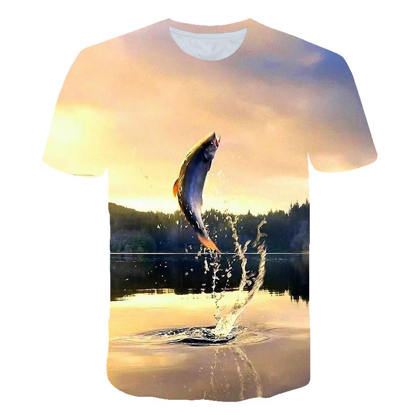 Sommar Rundhalsad 3D Roligt Fiskmönster Tryckt Topp Trendig och Avslappnad Lös Kortärmad Herr T-shirts
