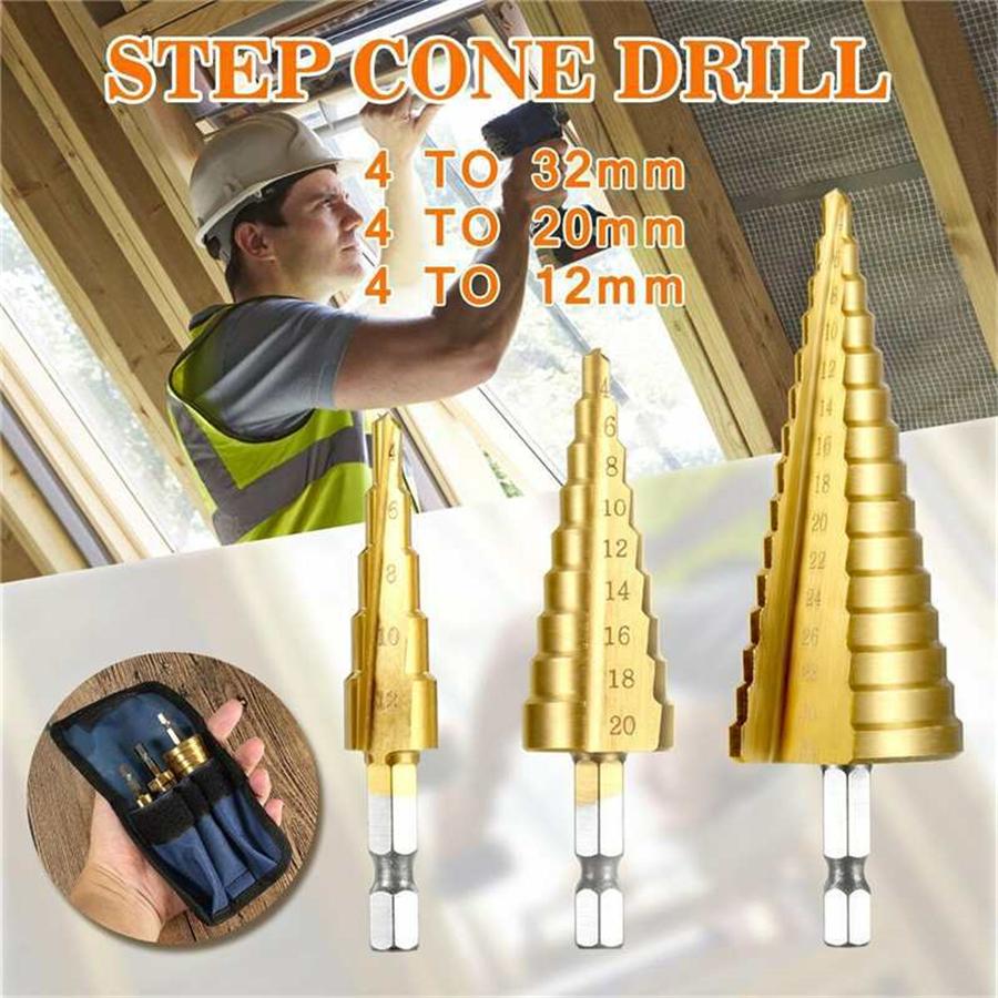 3Pcs HSS Sheet Metal Tools Drill 4-12/20/32mm Hex Titanium Step Cone Car Repair