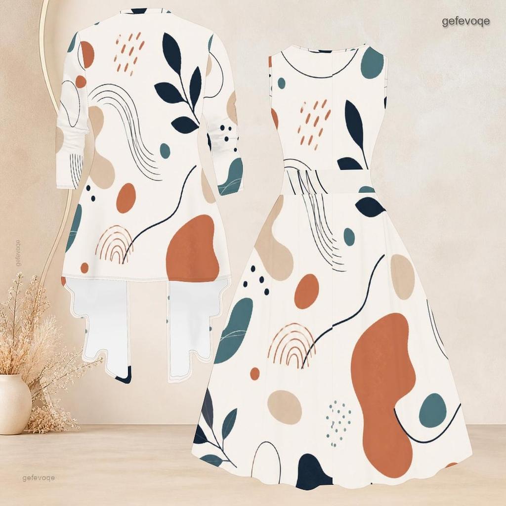 Women Plus Size Printed Two Piece Set Sleeveless Tie Waist Flared Dress 3 4 Sleeve Open Cardigan