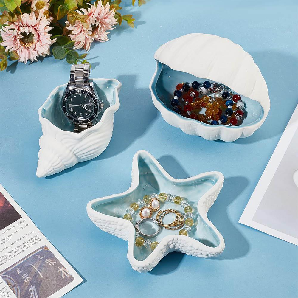 Conch Shape Ceramic Jewelry Tray,Aqua Shell Trinket Dish Ceramic Ring Earring Holder Rings Earrings Necklaces Bracelet Jewelry