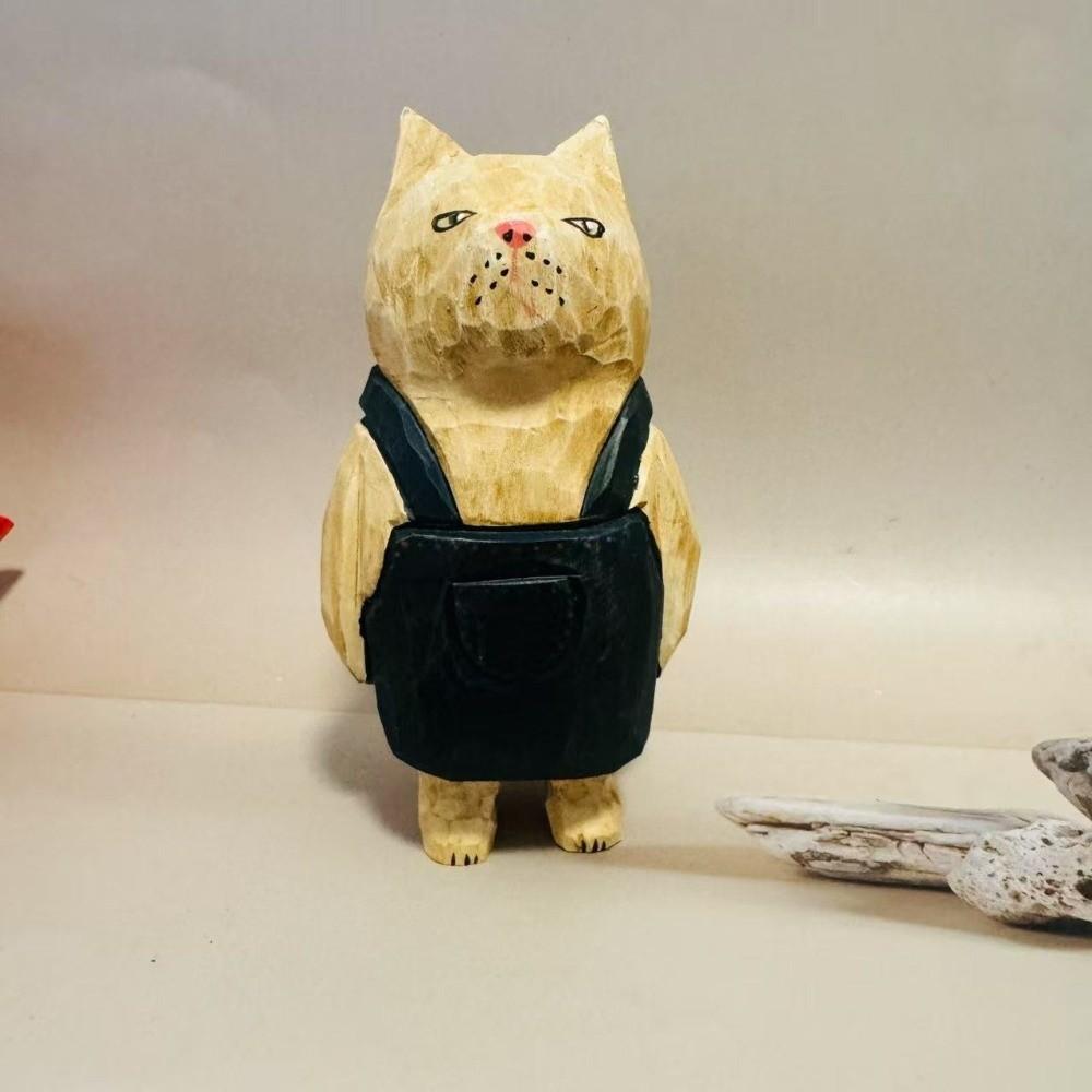 Handmade Wood Carving Cat Ornament Cartoon Hand Engraving Cat Decorations  Bookshelf Decor