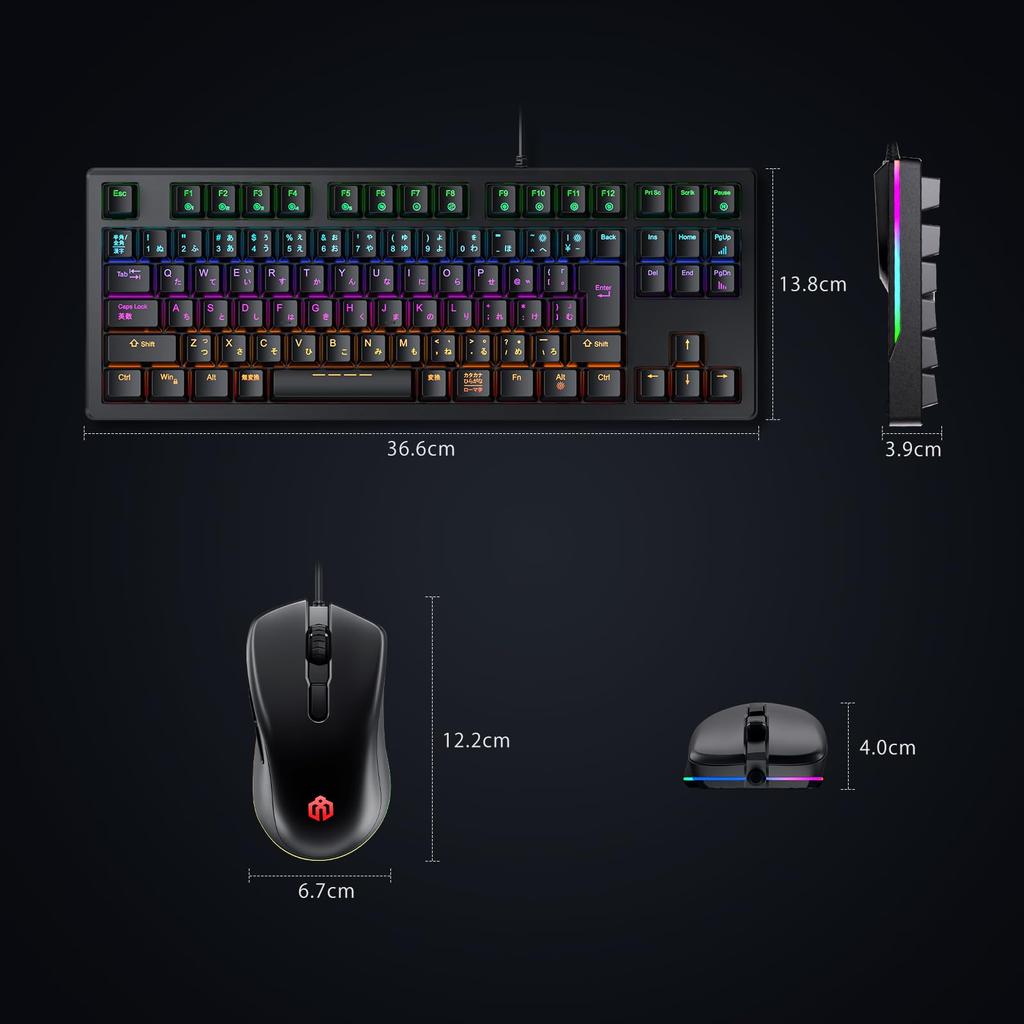 iClever Gaming Keyboard and Mouse Set, Wired, Red Switch, Mechanical Keyboard, Tenkeyless, Japanese Layout, 91 Keys, 80% Size, Macro Support,