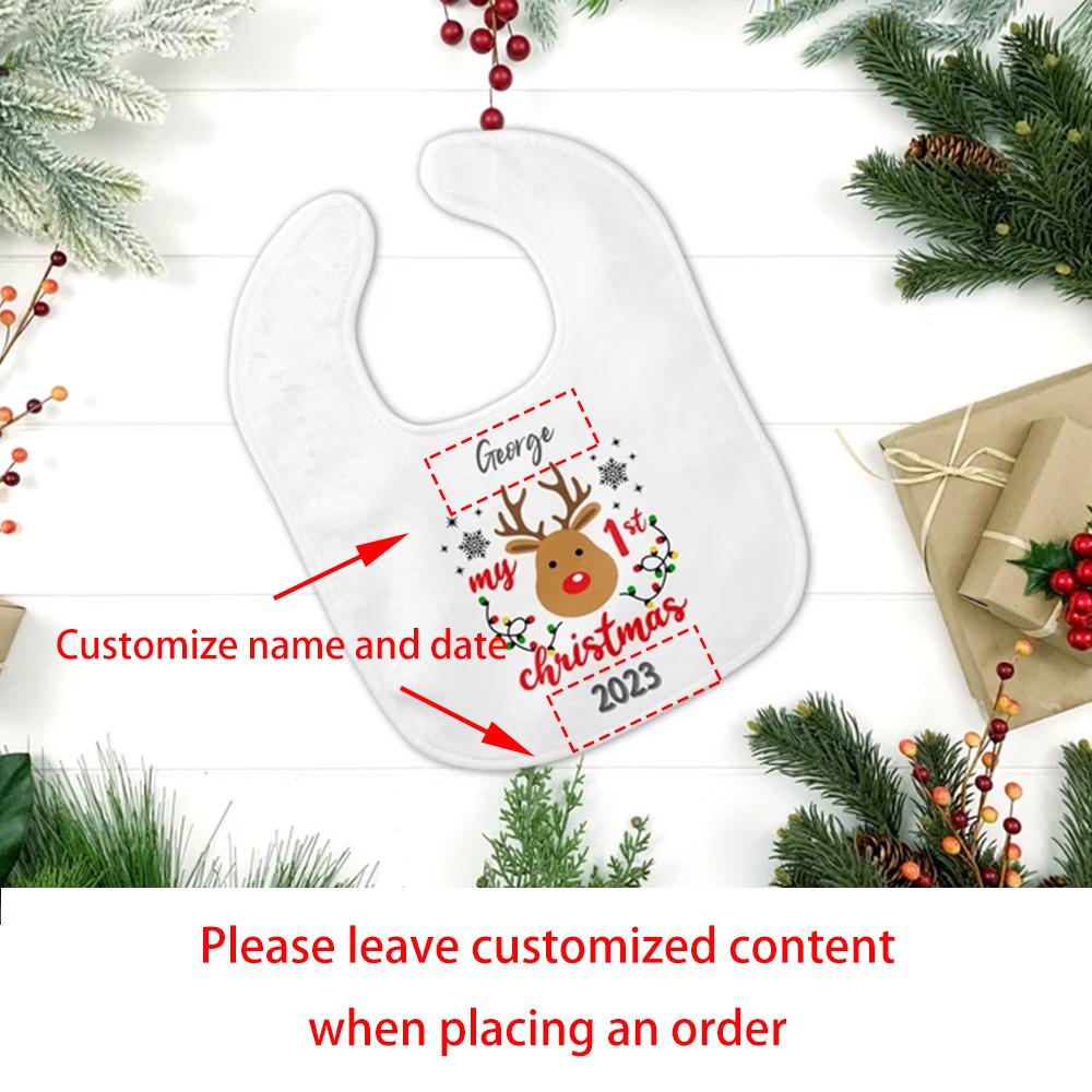 

Personalised Baby Bib First Christmas Dinner Bib Baby Shower New Baby Present Christmas Party Decor New Years Winter Holiday 21x32cm