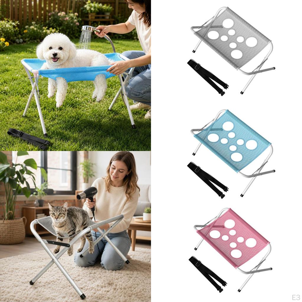 Hamaca colgante multifuncional para el cuidado de mascotas con arnés y estructura de soporte.