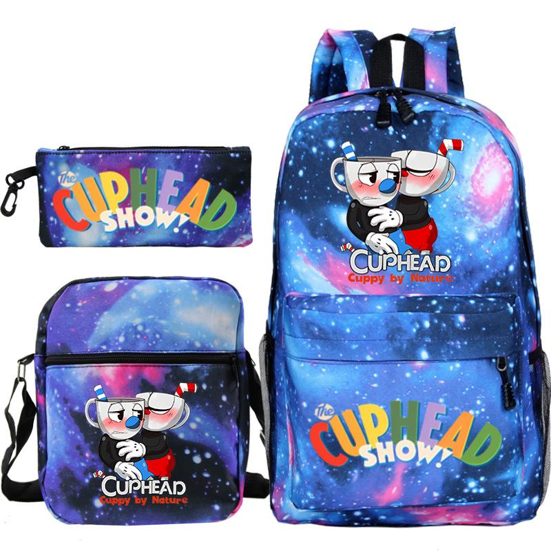 Cartoon Teacup Head Cuphead Student School Bag Backpack Three-piece Set Children's Shoulder Bag Pencil Bag
