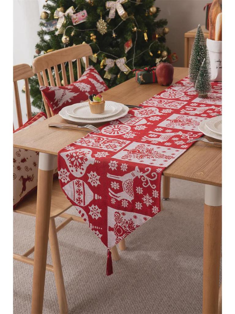 Jacquard Polyester-Cotton Christmas Table Runner with Floral Bells