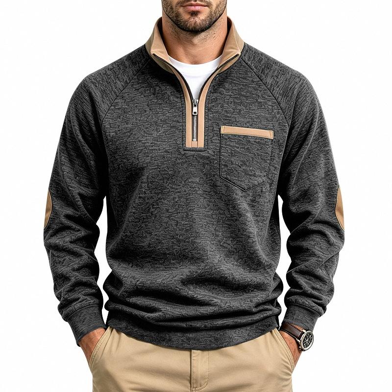 Autumn Winter Men Casual Half Zipper Stand Collar Sweatshirt Chic Patchwork Long Sleeve Loose Pullover Tops