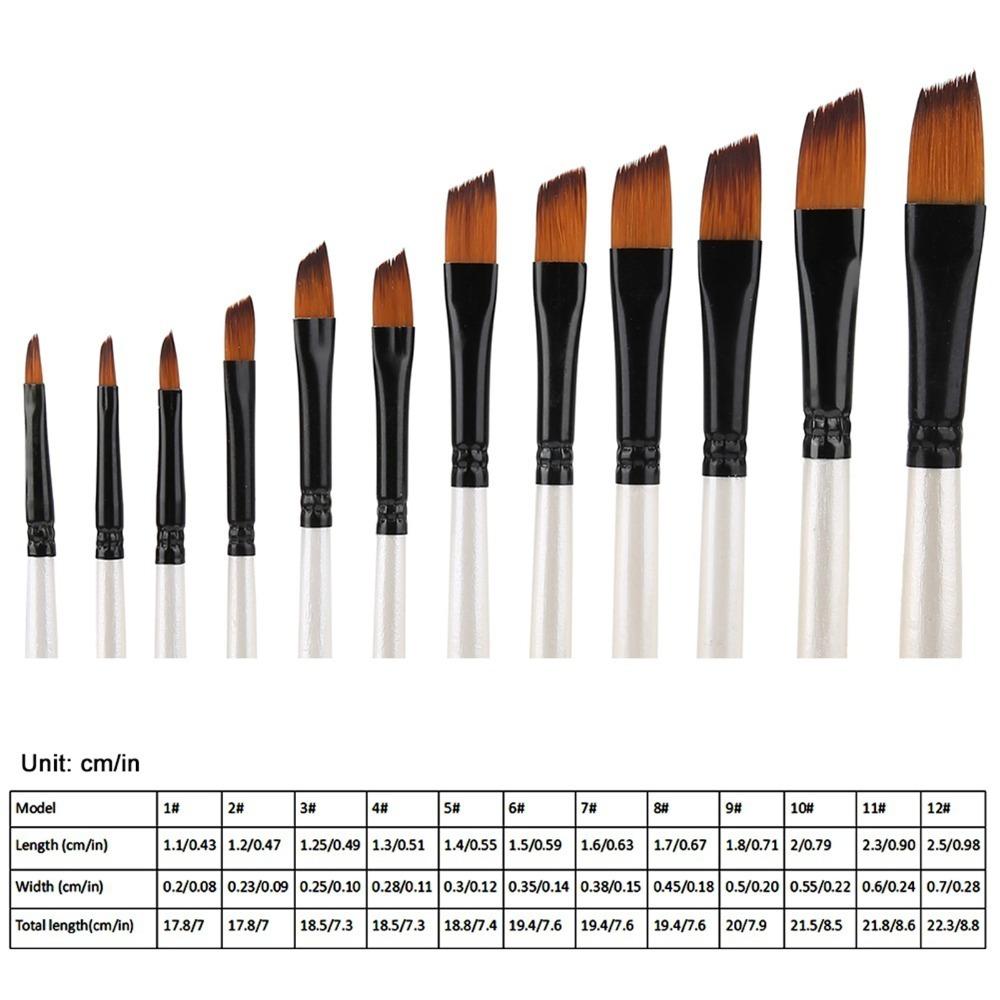 12PCS Pearl White Handles Art Paint Brush Set Tongue Tip & Angle Tip Firm Fastening Nylon Fiber Brushes Soft Nylon Fiber