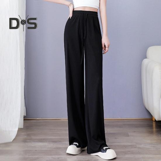 Damen Freizeithose, elastische Taille, verstellbarer Kordelzug, einfarbig, lange Hose aus Eisseide, weites Bein, drapierte Hose, Streetwear
