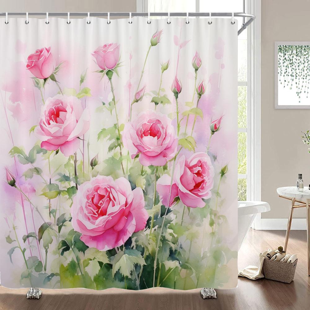 1 pack of print shower curtains Watercolor flowers, plants and butterflies bathroom curtain with hooks home decoration curtain