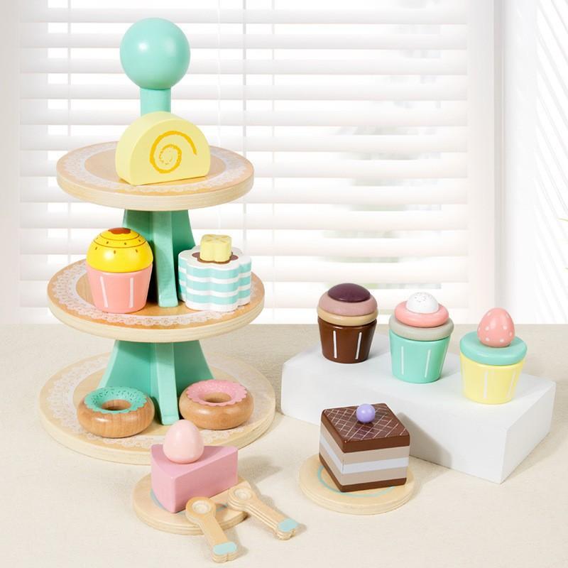 Children's Play House, Three-tier Dessert Rack, Cake Tower, Simulated Kitchen Tableware, Cutting Scene, Afternoon Tea, Wooden Toys