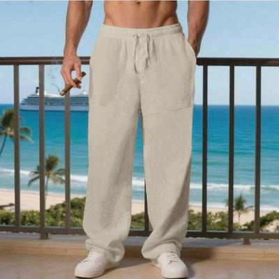 New Spring and Autumn Loose Men's Large Size Solid Color Light Mature Casual Lace-up Linen Trousers