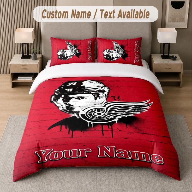 Custom Bedding Set Detroit Red Wings Pattern, Print Name Text 1 Duvet Cover Plus 2 Pillowcases Home Textile