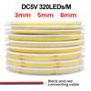 5V 12V COB LED Strip Light Ultra Thin 3MM 5MM 8MM Flexible Tape 320Leds/m RA90 Dimmable Linear Lighting Warm Natural Cool White