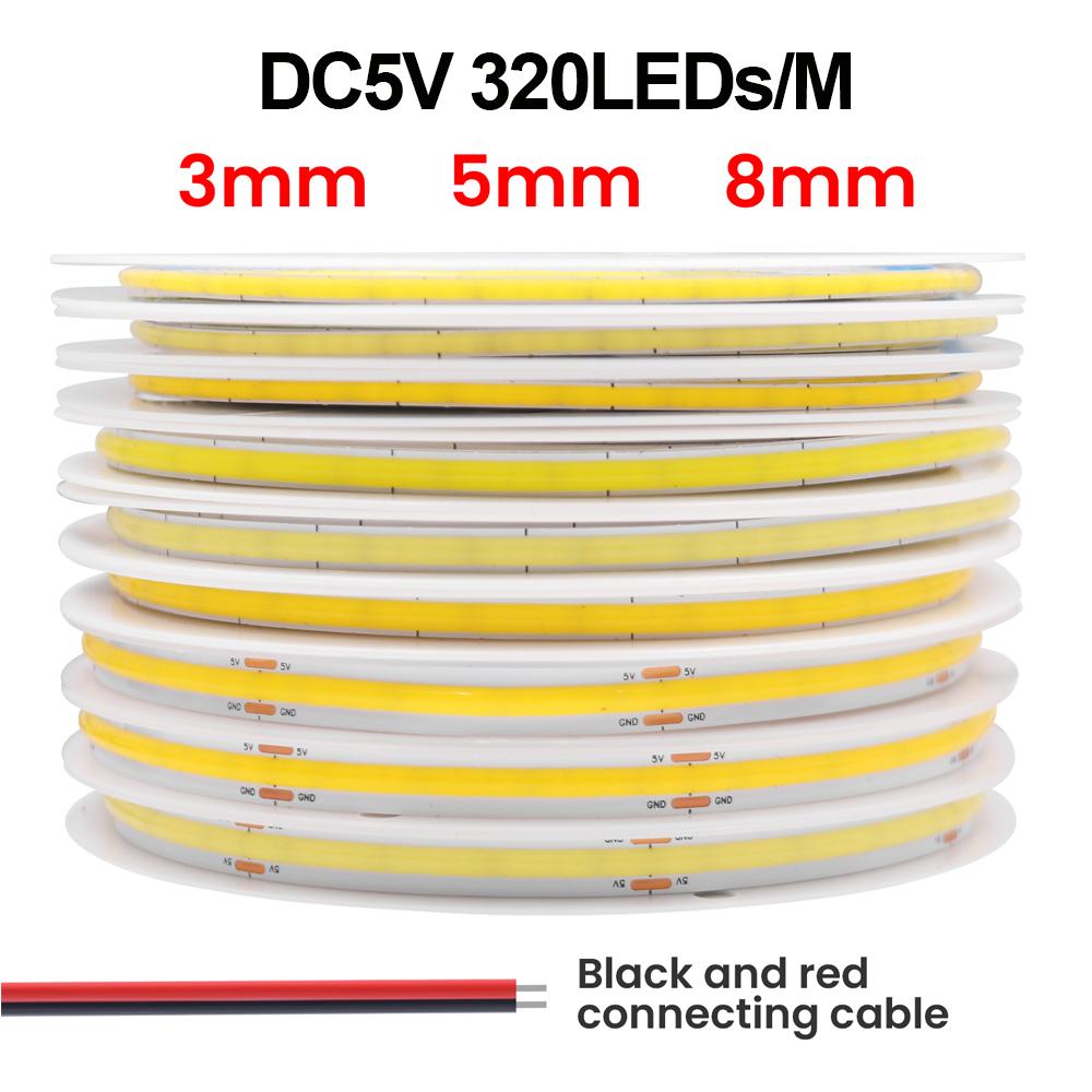 5V 12V COB LED Strip Light Ultra Thin 3MM 5MM 8MM Flexible Tape 320Leds/m RA90 Dimmable Linear Lighting Warm Natural Cool White
