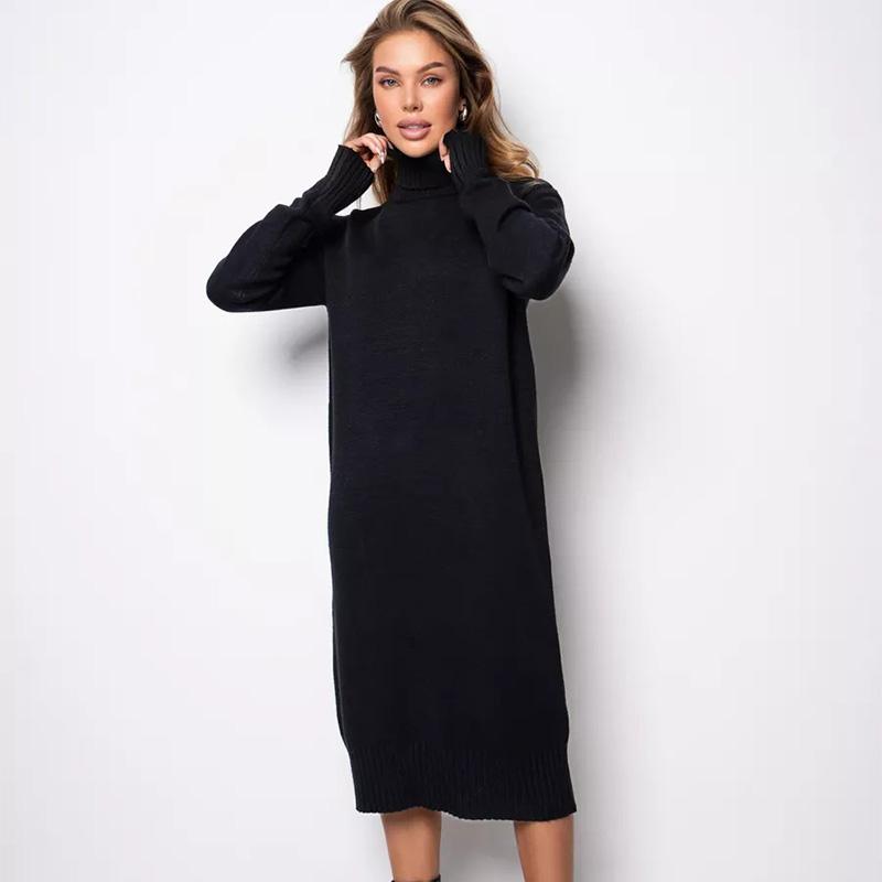 Элегантное однотонное трикотажное платье для женщин свободная водолазка с длинным рукавом женский свитер осень-зима модный женский трикотаж S чёрный 3116₽