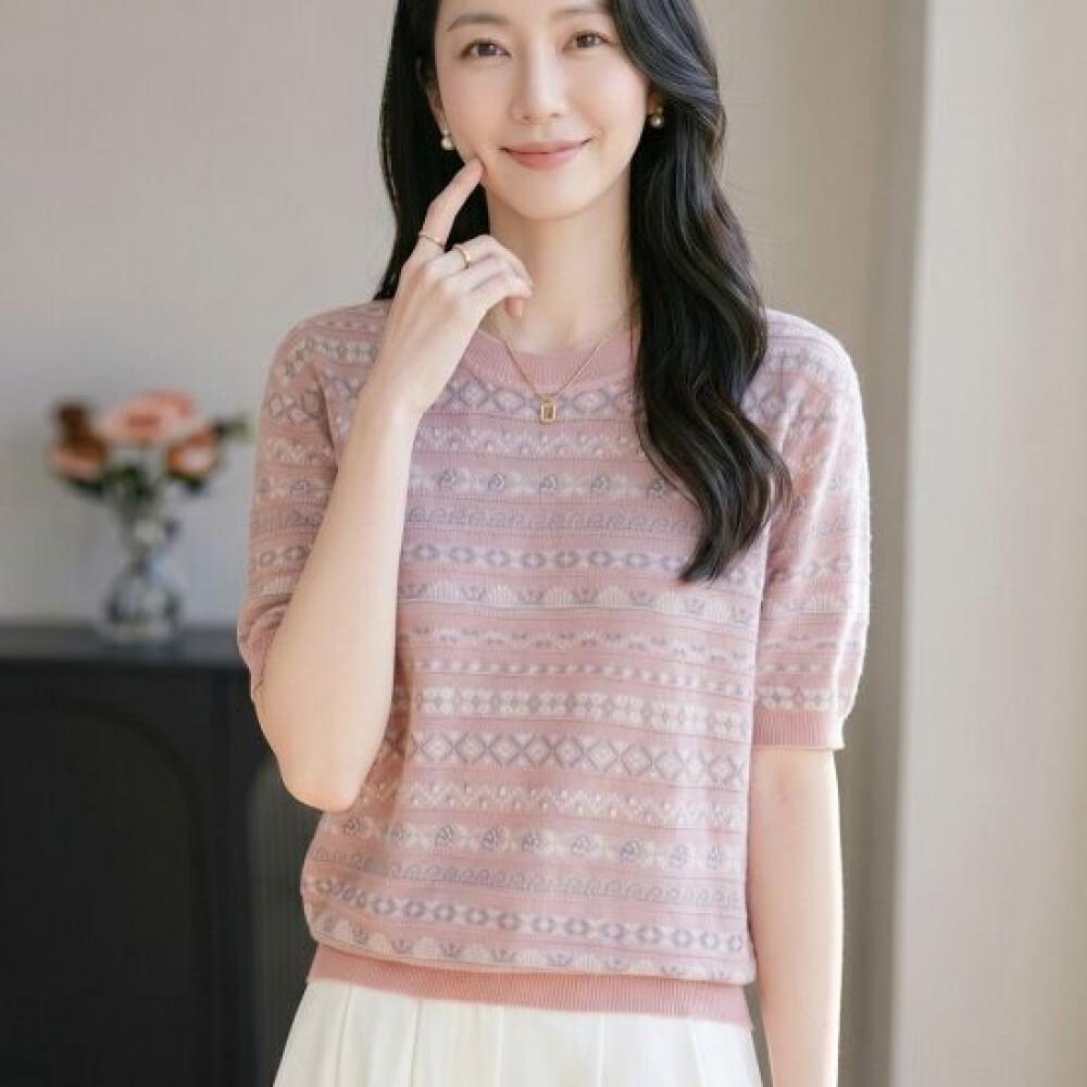 Navava Women Retro Pattern Ice Cool Round Neck Short Sleeve Knit Tee Nk3720