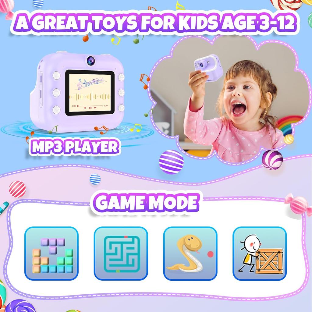 Kids Camera Instant Print, Christmas Birthday Gifts Toys for Girls & Boys Ages 3-12, Digital Selfie Portable Camera with 1080P HD Dual Lens, 3 Rolls