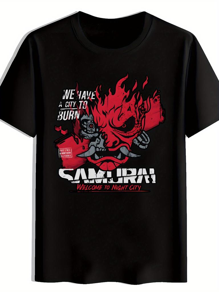 The Latest Hot-selling Black Samurai Pattern Printed Short-sleeved Loose Men's and Women's Same Crew Neck Cotton T-shirt