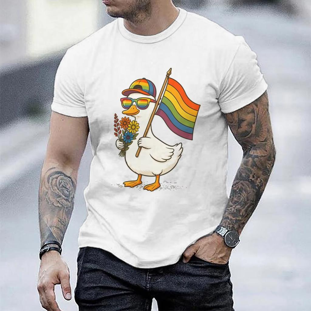 Men's Clothing Cute Duck Pride Print Tees Tops Rainbow Flag and Flowers Summer Clothes Pride Month Gifts Casual Short Sleeve Tee