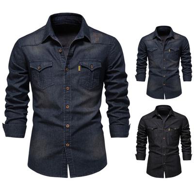 Men Denim Shirt Solid Color Multi Pockets Spring Summer Single Breasted Turn-down