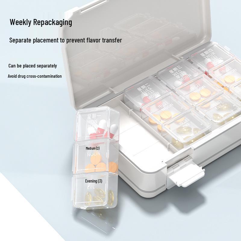 Double-Layer Portable Pill Box for Morning, Noon, Evening - Large Capacity, Lid, One-Week Organizer, Perfect for Travel and Business Trips.